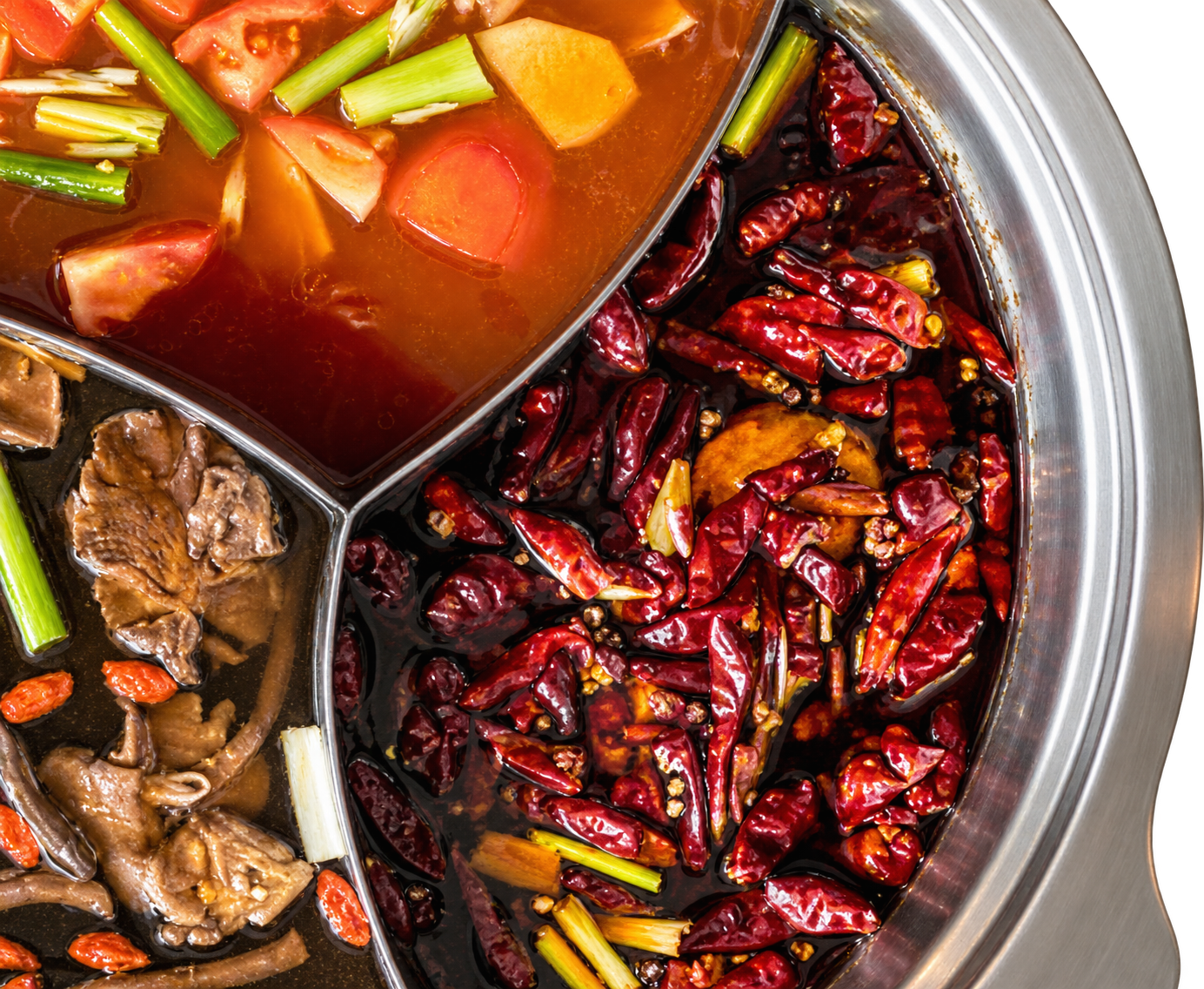 An overhead view of Lamei's three-broth hotpot